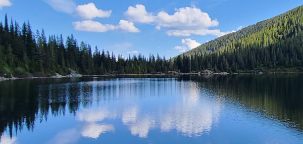 Blue sky, clouds, and tree-lined slopes reflected in a still mountain lake