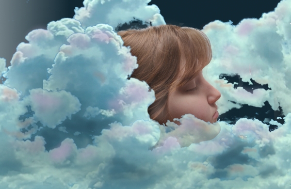 A young woman sleeping in pink-tinted clouds.