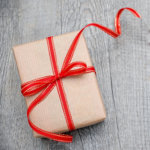 Gift Giving; brown paper package with red ribbon