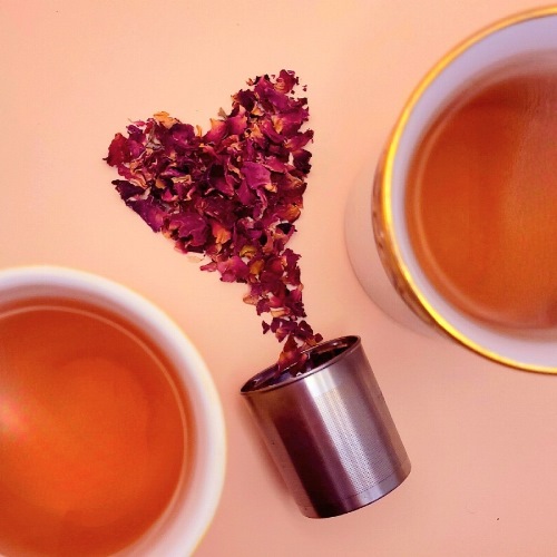 Rose Tea for Two with rose petals in heart