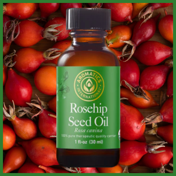 Rosehip Seed Oil from Aromatics International on a bed of red rosehips