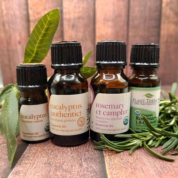 Bottles of Eucalyptus and Rosemary essential oils and fresh herbs on a wood surface