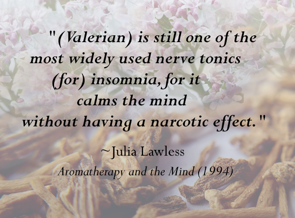 Julia Lawless quote with Valerian flowers and dried Valerian root faded in the background