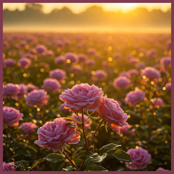 A field of Damask Rose at sunrise